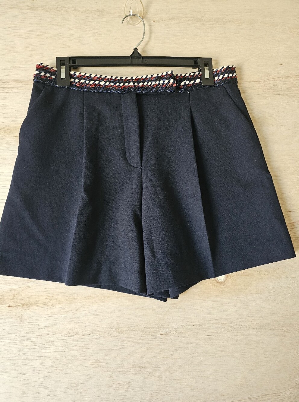 NWT Zara Navy Blue Pleated Shorts with Patterned Waistband - Size M